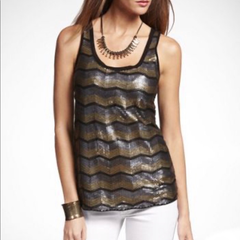 Express Embellished Sequin Black Gold Tank Top
